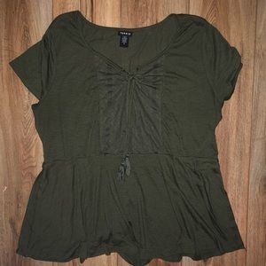 Torrid olive green shirt with lace panel and tie